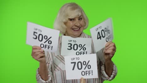 grandma showing sale percent discounts advertisement inscriptions banners. black friday concept