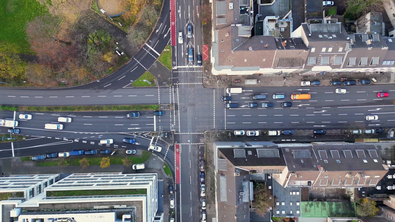 Urban metropolitan city highway road junction traffic, Dusseldorf, Overhead aerial view