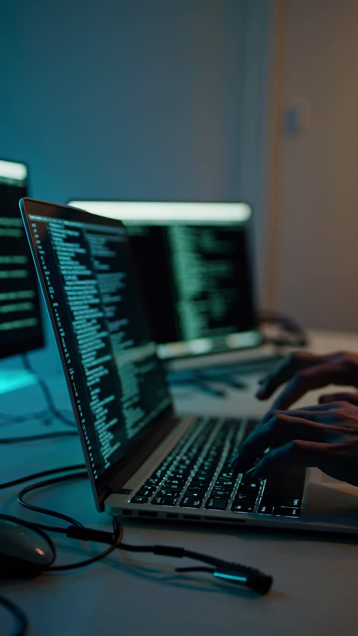 Low-angle shot of a programmer's hands typing on a laptop, surrounded by glowing screens