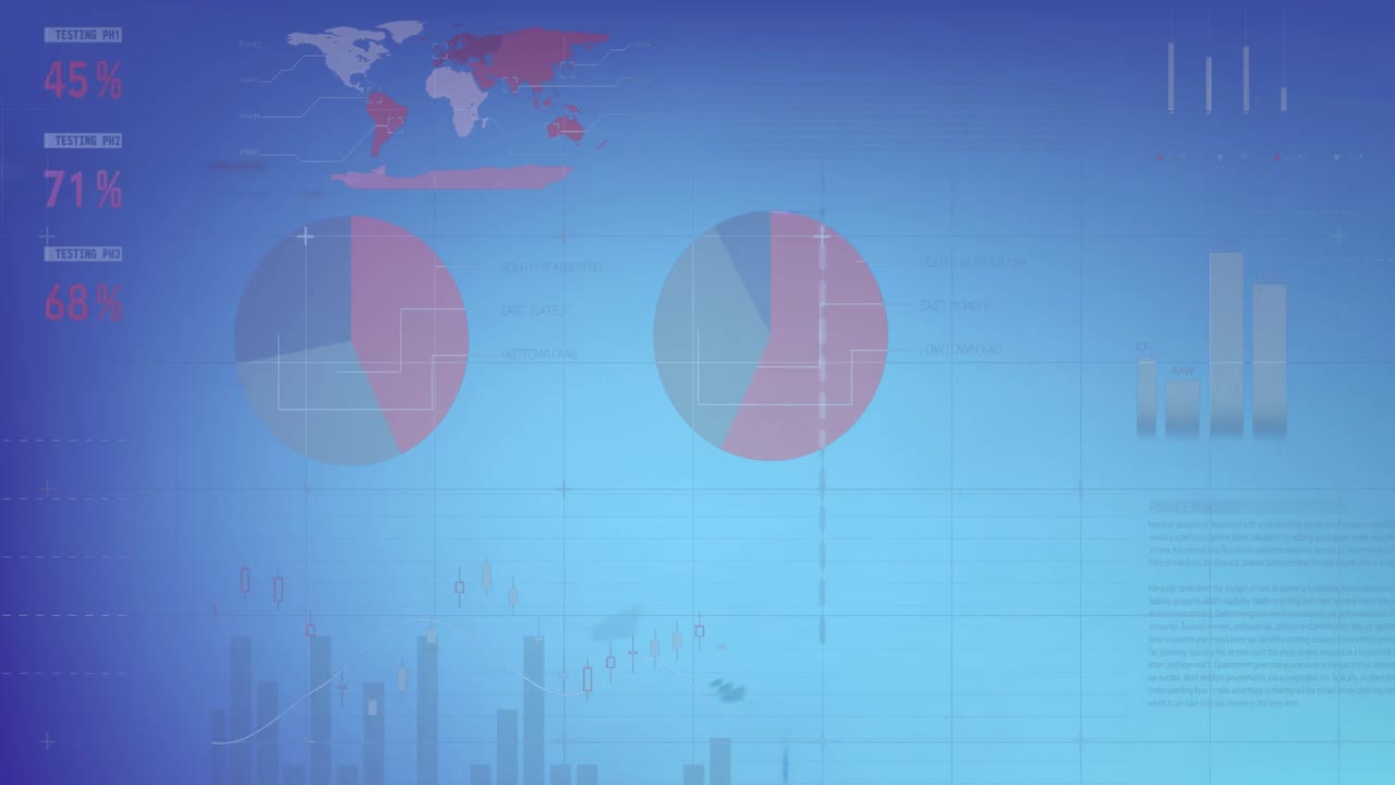 Animation of financial data processing and statistics over blue background