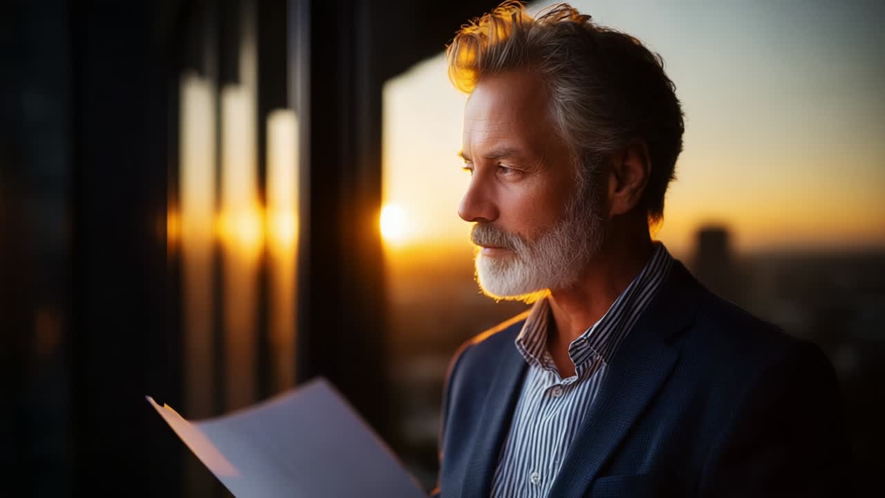 A thoughtful moment captured at sunset shows a man with gray hair and a beard intently reading a document with the warm sun illuminating the scene, reflecting a serene evening atmosphere of contemplation