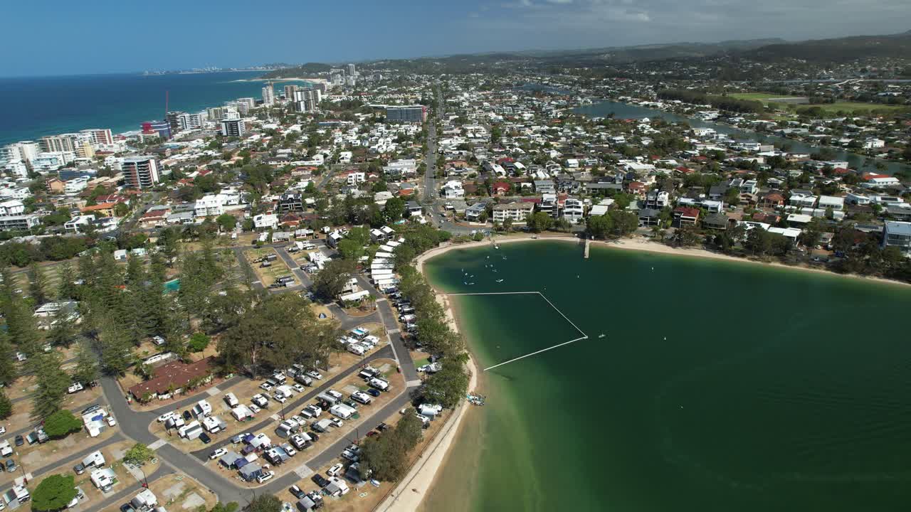 Tallebudgera Estuary Floating Boom, Tallebudgera Creek, And Surrounding Suburbs In Palm Beach, Queensland, Australia - Aerial Drone Shot