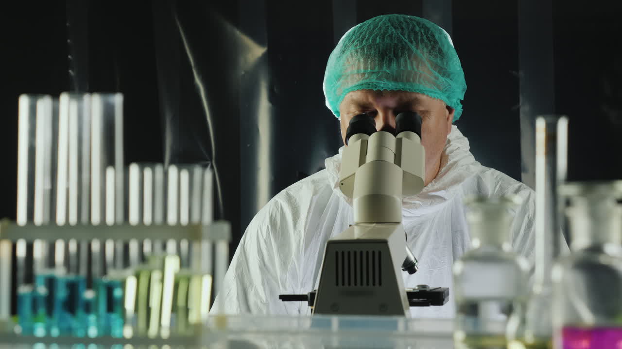 investigador en laboratorio viral trabaja con microscopio y laptop 2