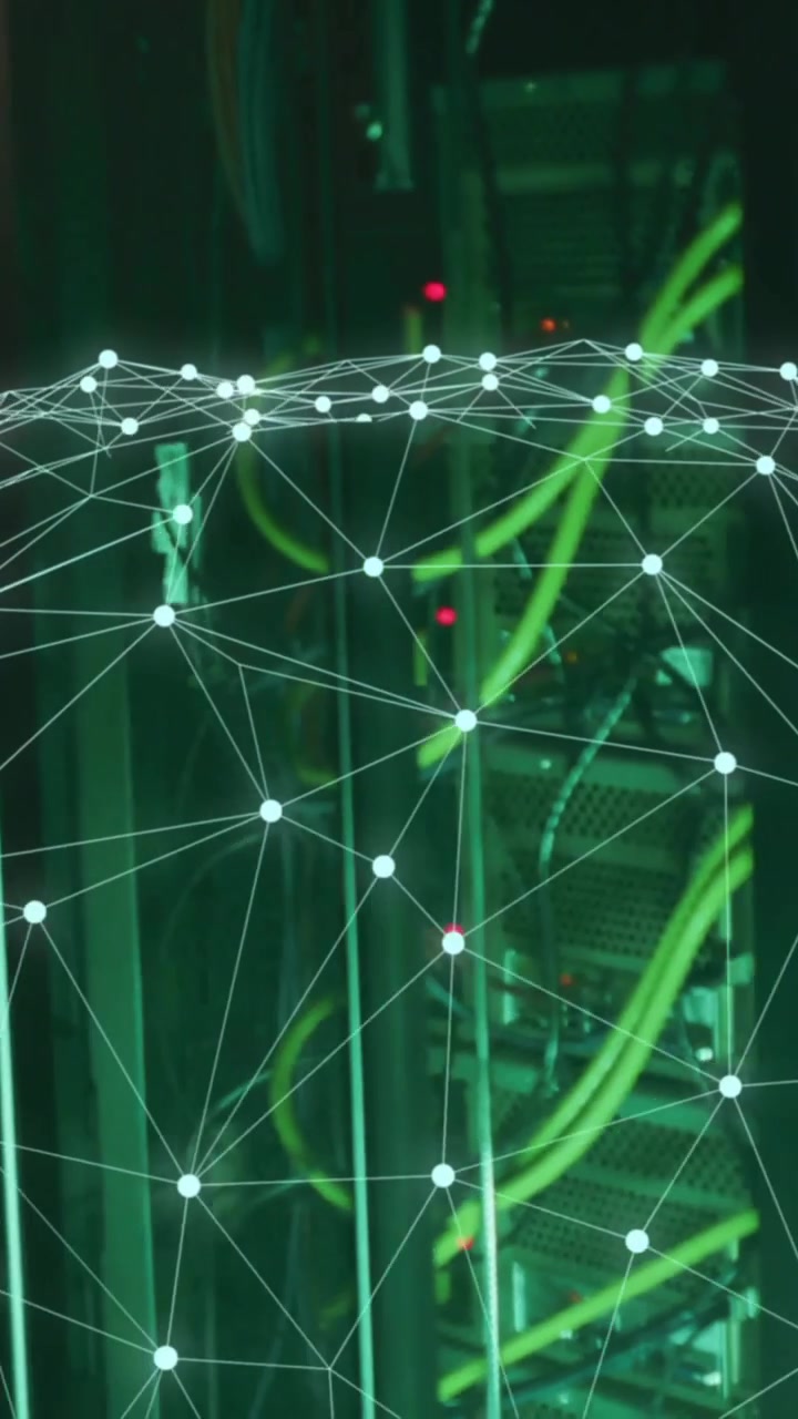 Network connections and data processing animation over server racks with cables