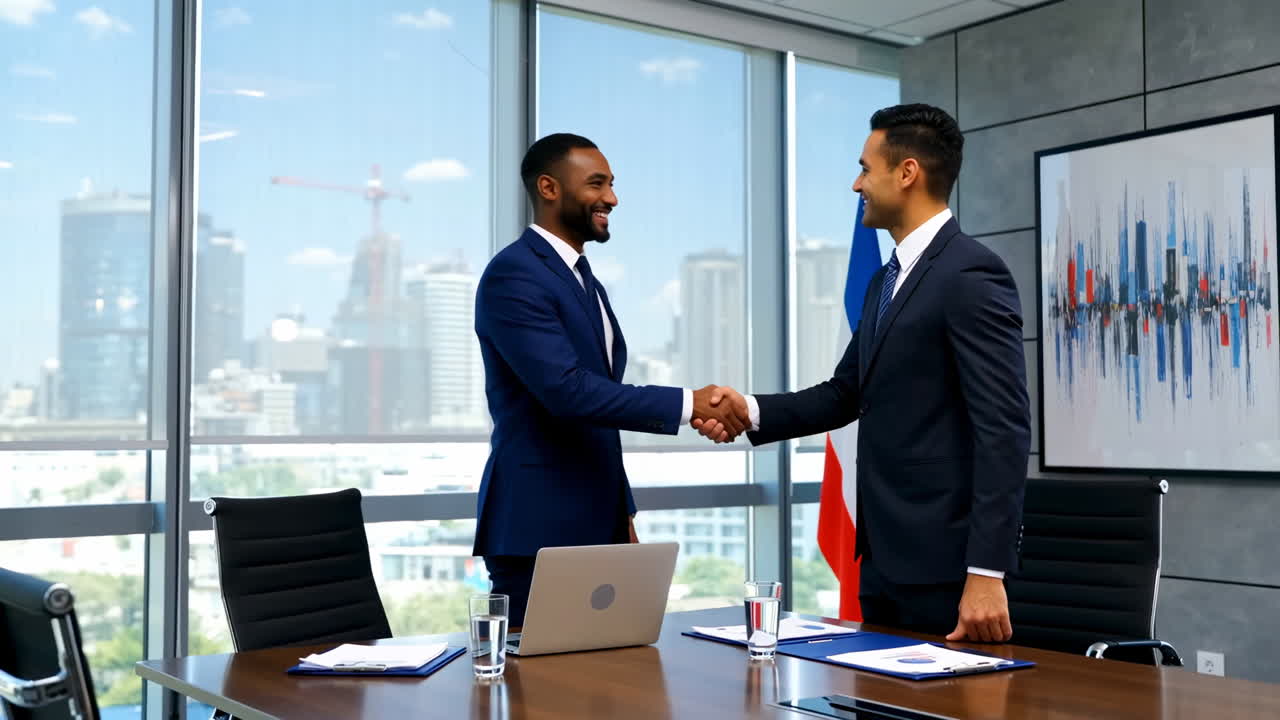 Two diverse businessmen shaking hands in a modern office meeting room
