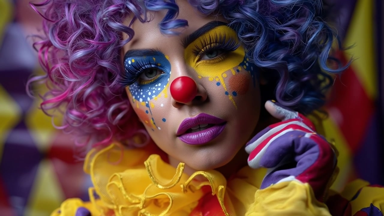 Performer in vibrant clown makeup and a colorful wig gesturing towards the camera