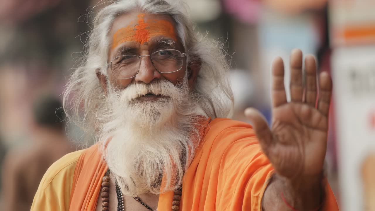 Elderly spiritual leader wearing traditional orange robe, long white beard, and tilaka marking, raising hand in respectful namaste greeting while standing outdoors