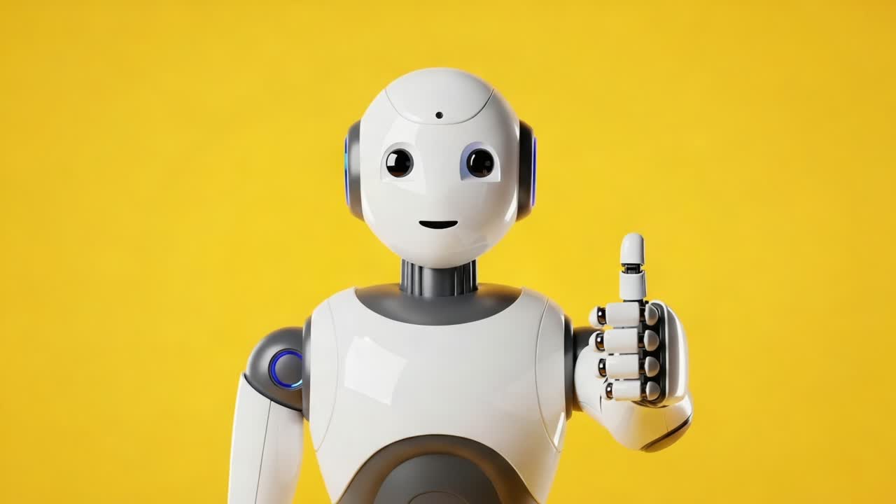 A Friendly Robot Character: Expressing Positivity with a Thumbs-Up Gesture Against a Vibrant Yellow Background in Two Distinct Frames Capturing Its Charm