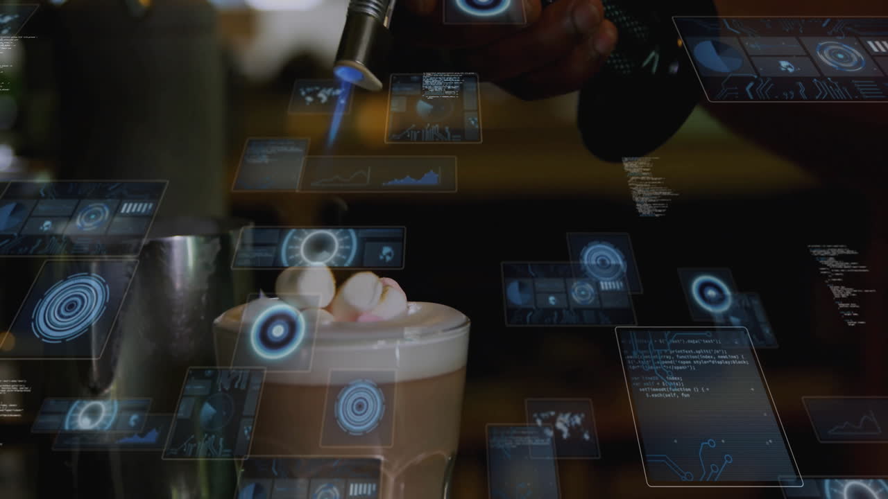 Man's hands scanning mug of hot drink indoors, showing holographic technology charts graphs code