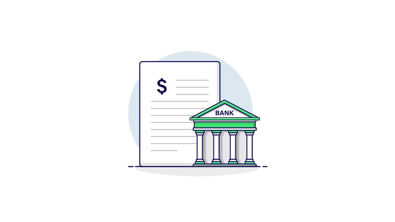 Illustrazione Animata di un Documento Finanziario e un Edificio Bancario