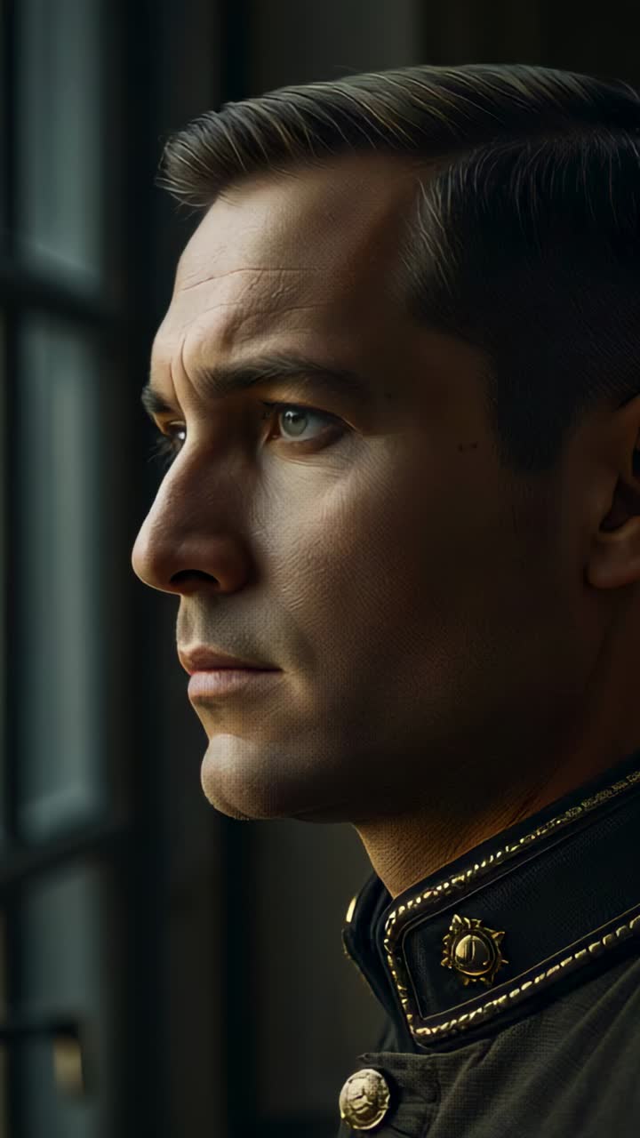 Vertical video: Turning man in uniform moving head at paned window, daylight drawing gaze, insignia