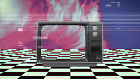 televisión retro y interferencia en el borrón colorido con el tablero de ajedrez en movimiento debajo