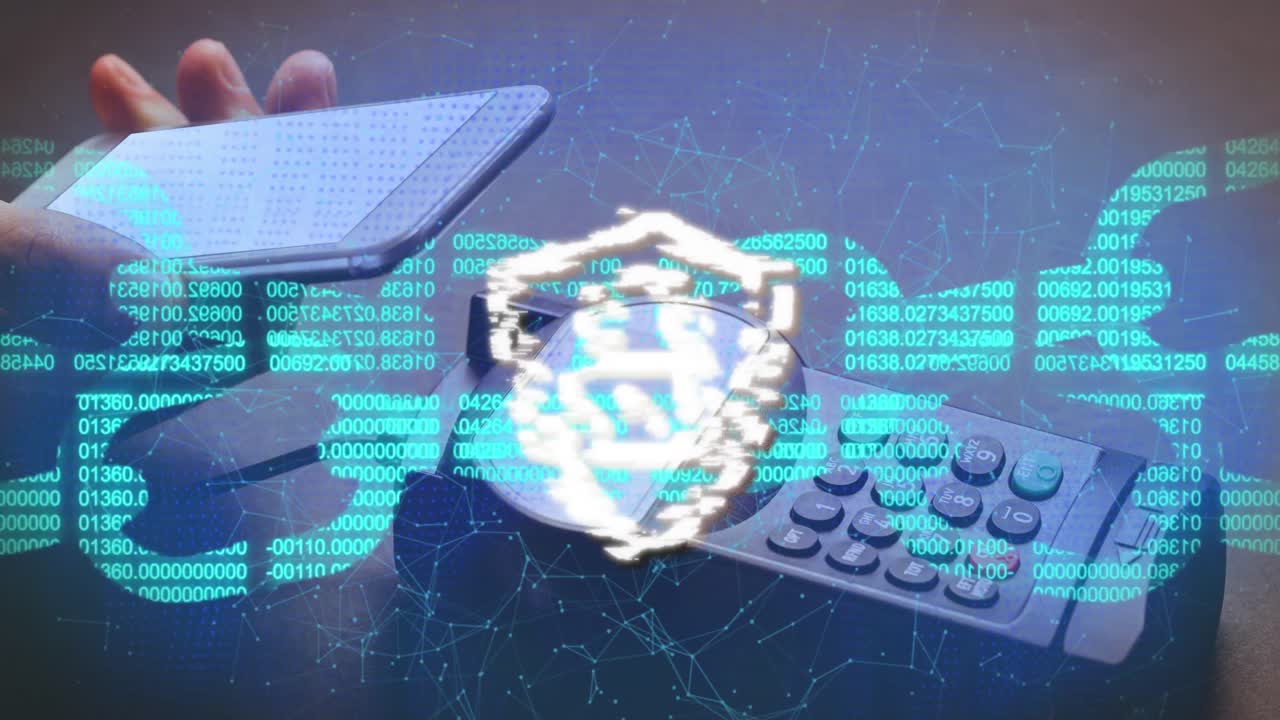 Animation of block chain and security padlock on shield over smartphone and payment terminal