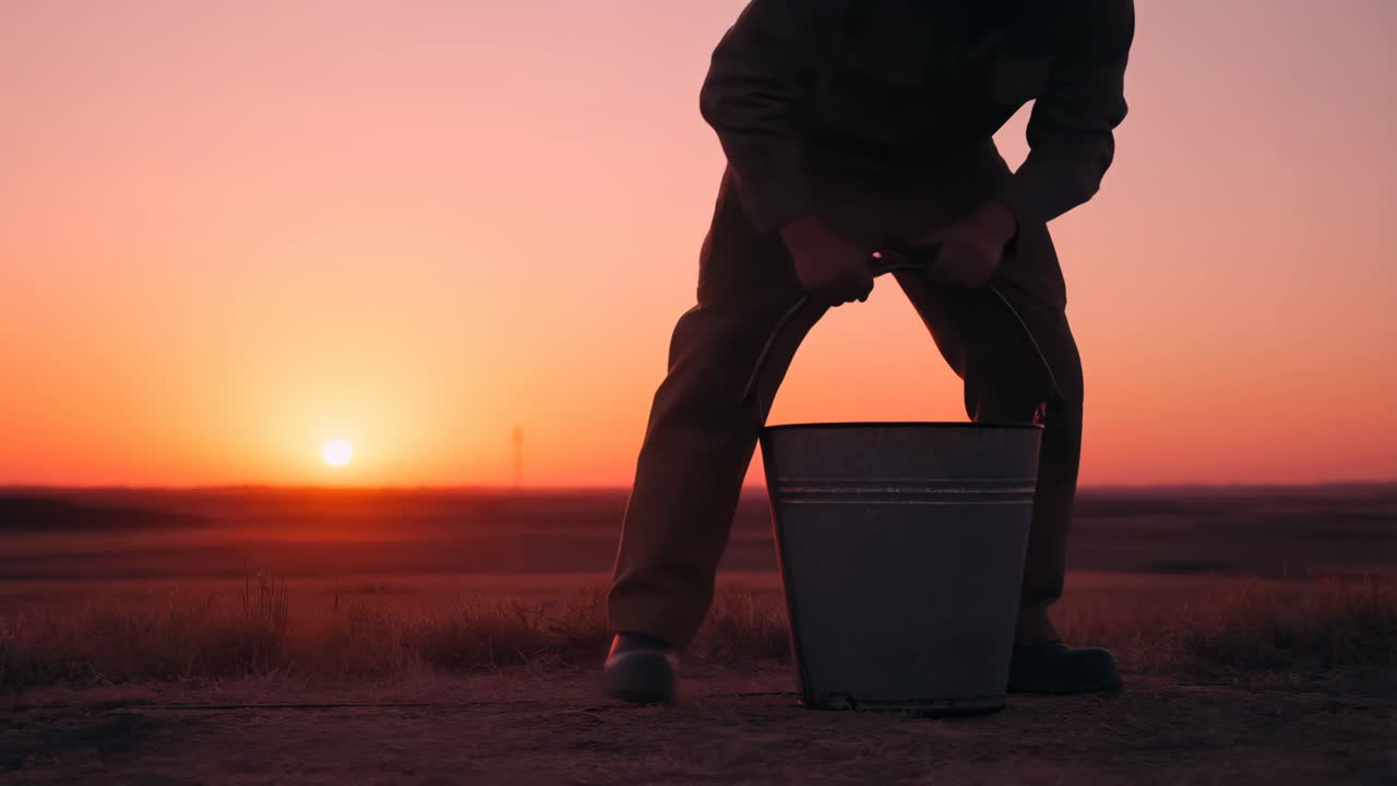 Person with a Bucket Against a Sunset Silhouette