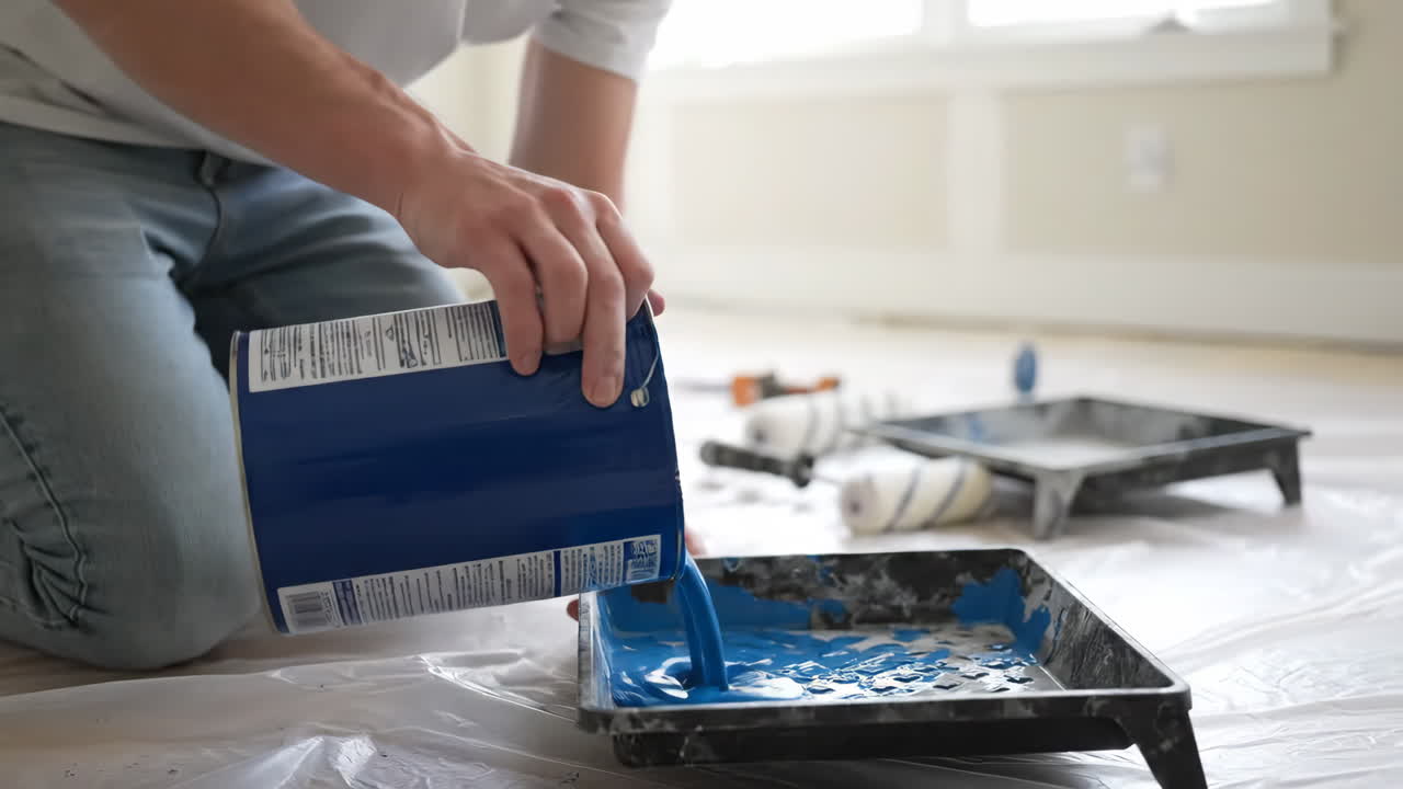 Pouring blue paint into a paint tray