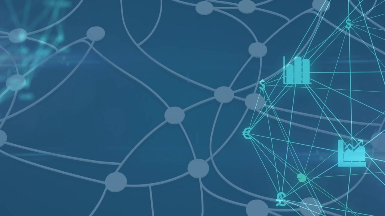 Digital animation of globe of digital icons spinning and network of connections on blue background