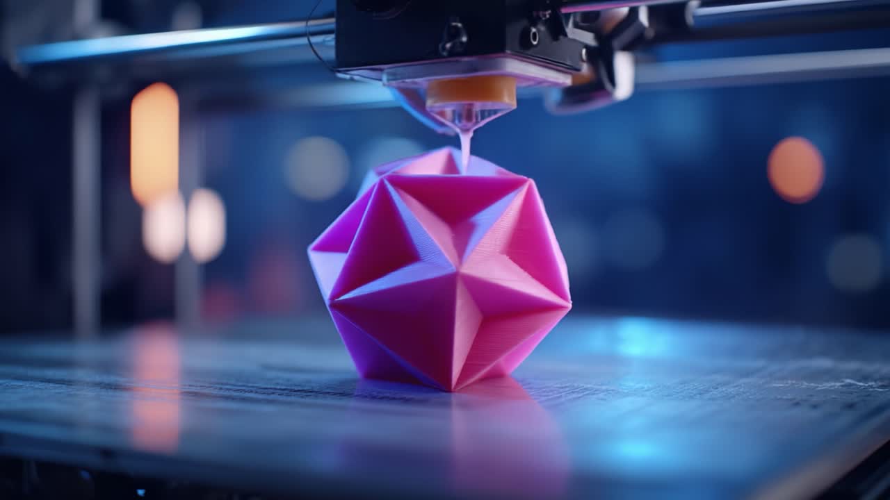 Captivating 3D Printing Process: A Close-Up of a Bright Pink Geometric Design Being Created Layer by Layer in an Advanced Printer