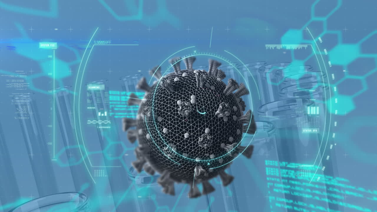 의료 데이터 처리 및 테스트 튜브에 대한 코로나 19 세포의 애니메이션