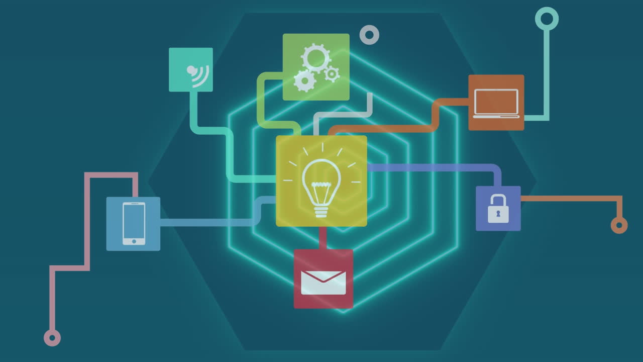 파란색 배경에 육각형 패턴 위에 여러 아이콘의 다채로운 흐름 차트의 애니메이션