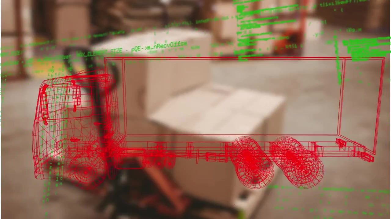 Modello digitale a wireframe di un camion sovrapposto su sfondo di magazzino
