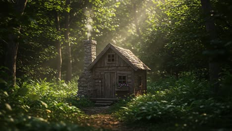 a tranquil woodland retreat: a rustic cabin surrounded by lush greenery and sunlight filtering through the forest canopy, creating a serene ambiance