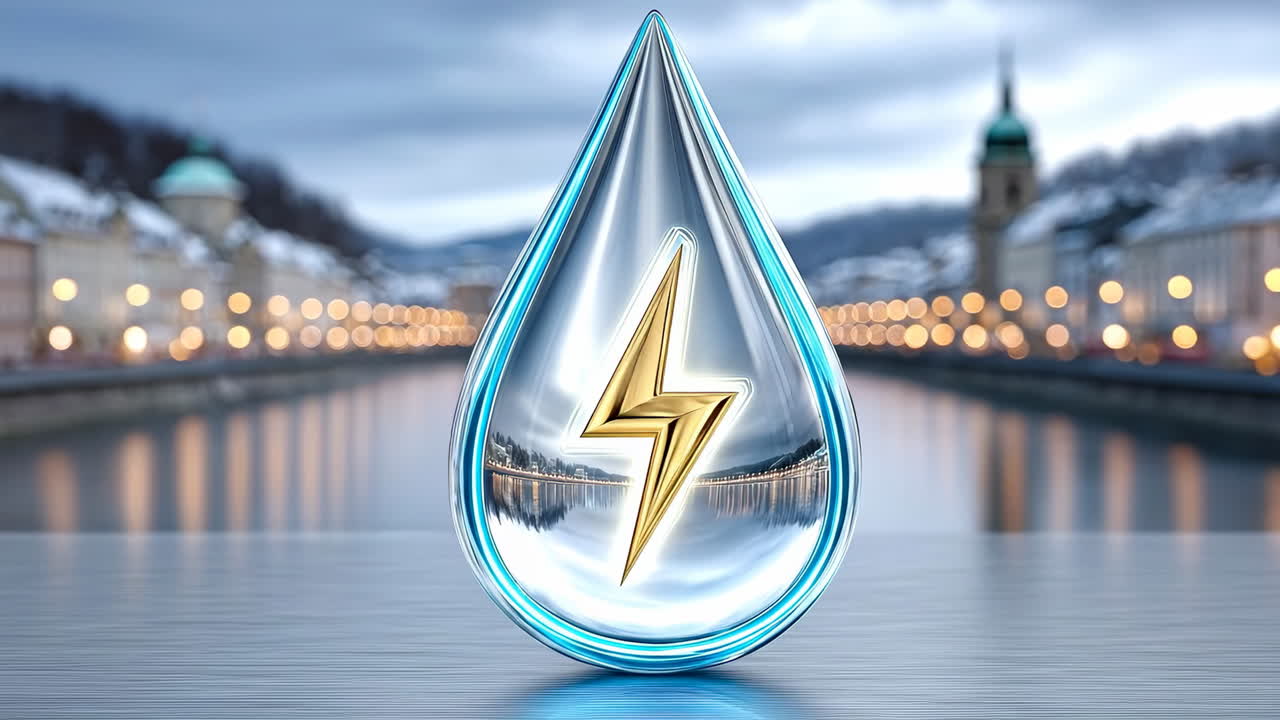 City's water and energy design. A stunning artwork combines water and energy themes with a cityscape in the background during twilight