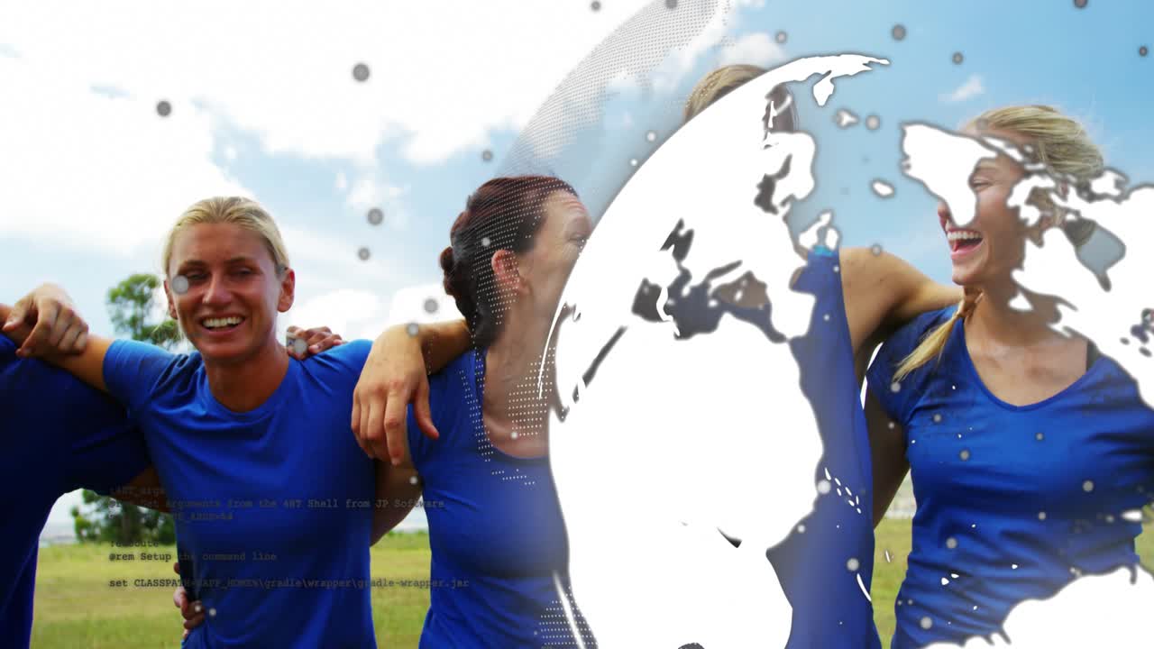 Team linking arms on field, globe appearing right revealing team with dots, showing sports unity