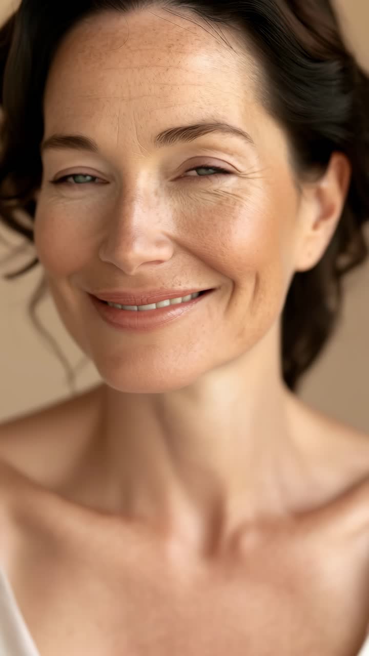 Close-up portrait of a smiling woman with natural lighting, capturing serene beauty