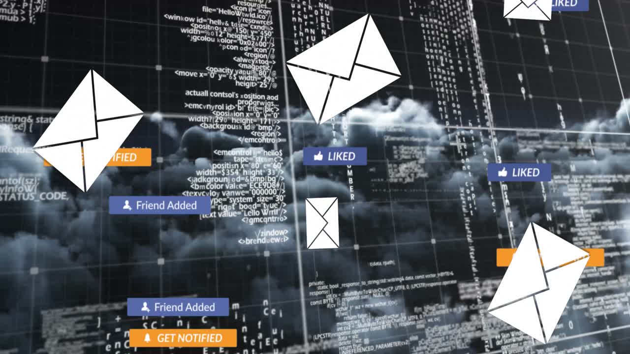 Animation of social media text on banners with digital icons over cityscape