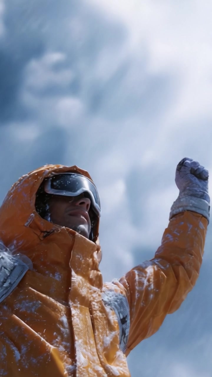 Un momento trionfante nella bufera di neve: un avventuriero celebra in mezzo alla tempesta, mettendo in mostra l'emozione degli sport invernali e la bellezza degli elementi della natura