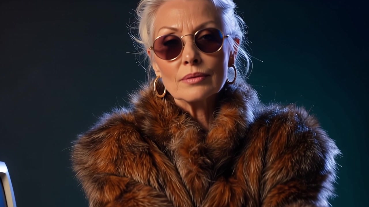 Stylish Senior Woman in Fur Coat and Sunglasses with Retro Computer