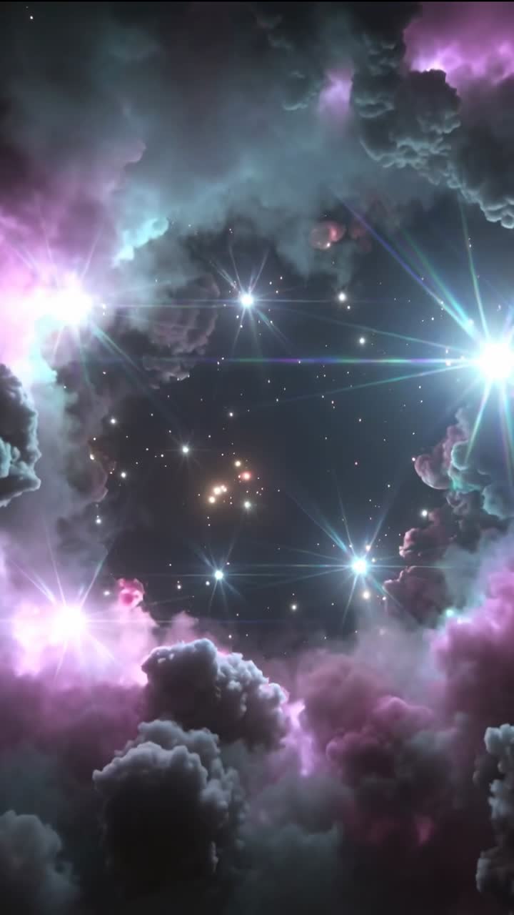 Video verticale: Nebulosa in movimento forma un'apertura circolare nello spazio, rivelando bagliori di ammassi stellari.