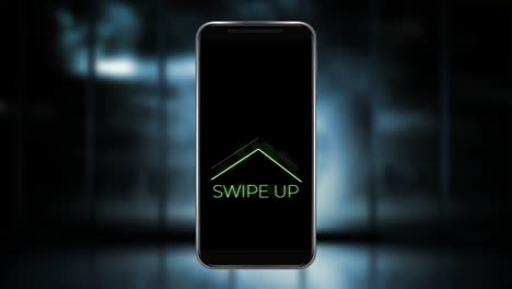 animation of words swipe up flickering on screen of smartphone on blue background