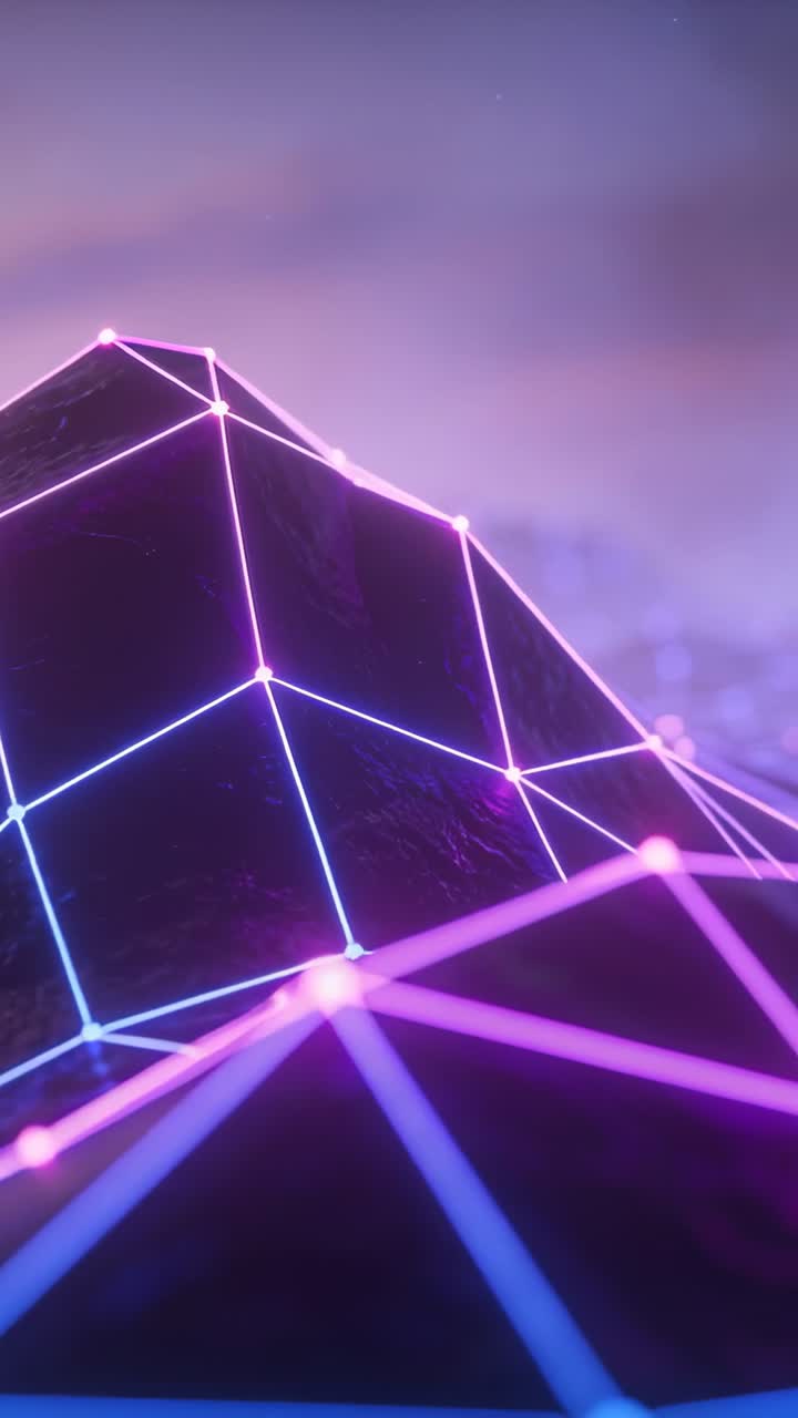Video verticale: La telecamera si allontana rivelando una collina poligonale in una rete al neon, scoprendo nodi distanti.