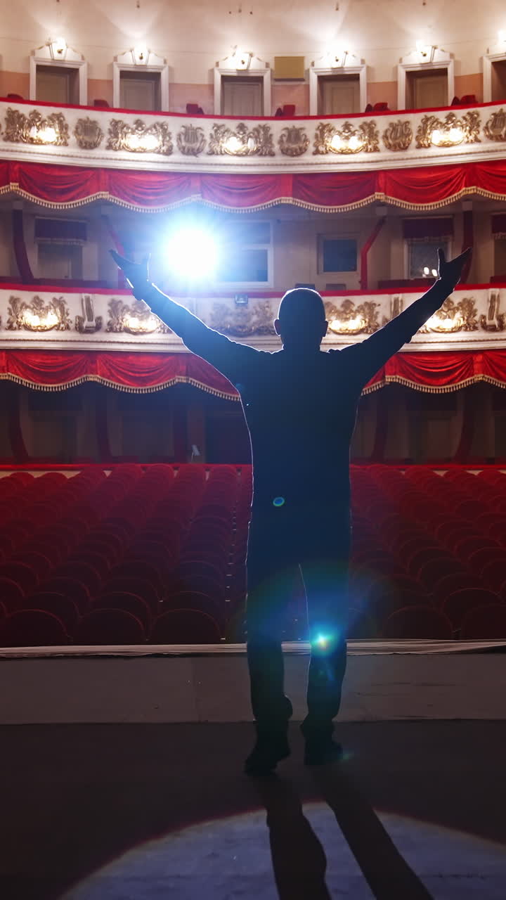 Actor communicates with empty theater auditorium. No people in hall, empty chairs. Vertical video