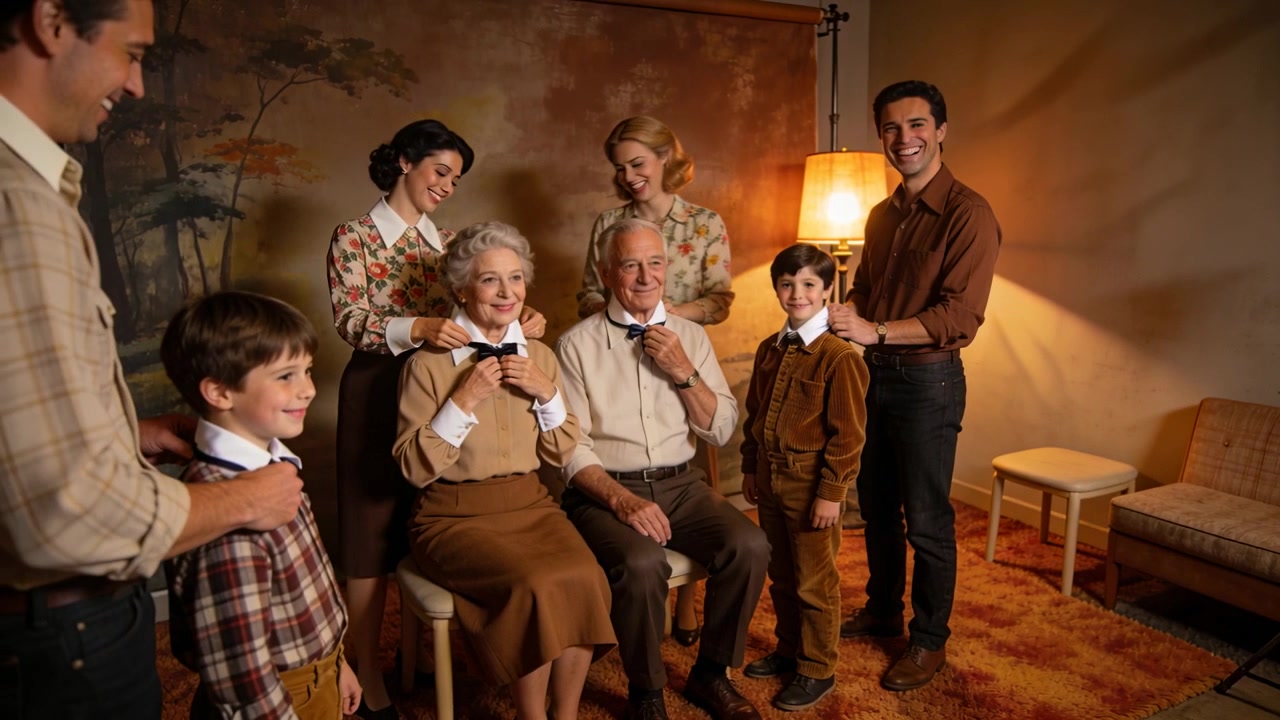 Adjusting family fixing collars and bow ties in living room for portrait left man chuckling
