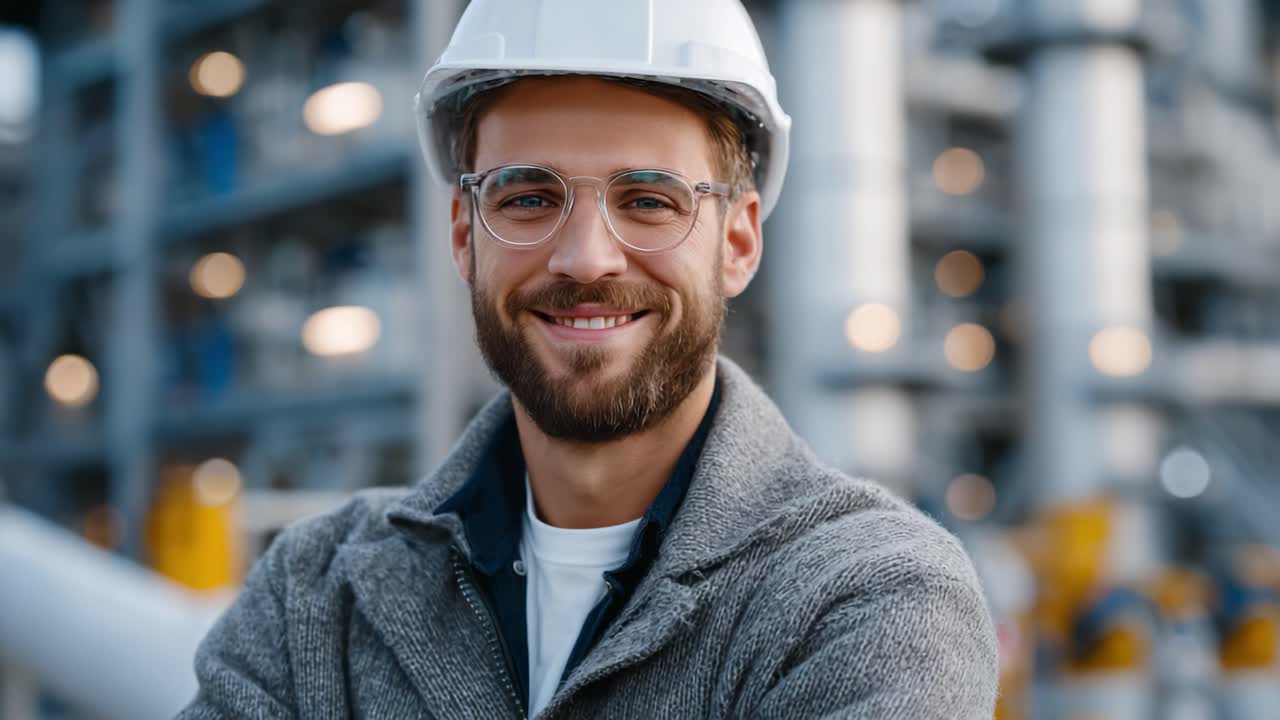 A Confident Construction Worker Smiling at the Camera in a Modern Industrial Setting, Wearing Safety Gear and Promoting a Positive Work Environment