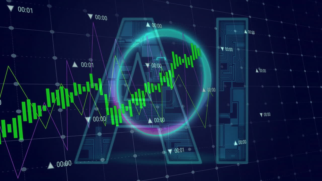 AI text with financial data processing and graphs over digital background