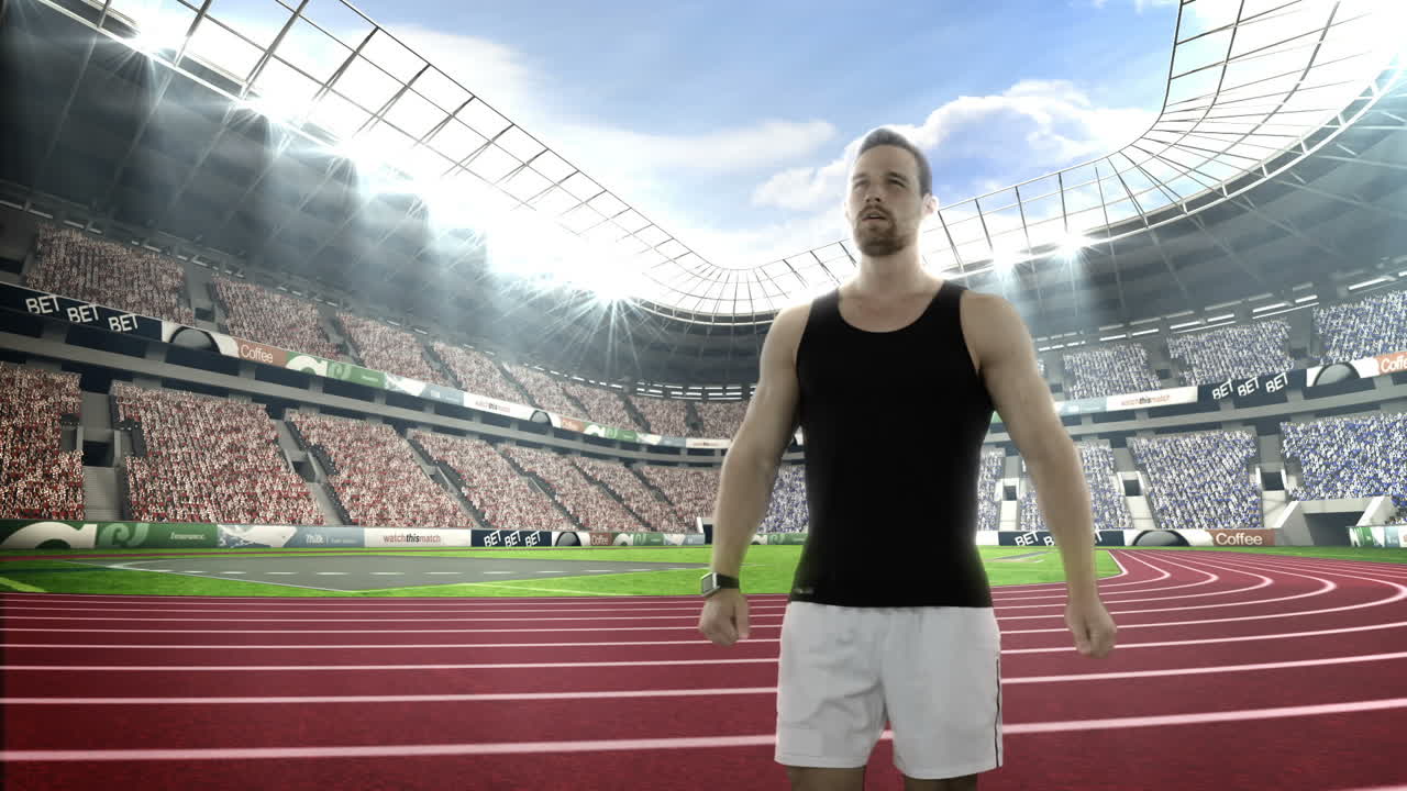 경기장 에서 몸 을 따뜻 하게 하는 남자 운동 선수