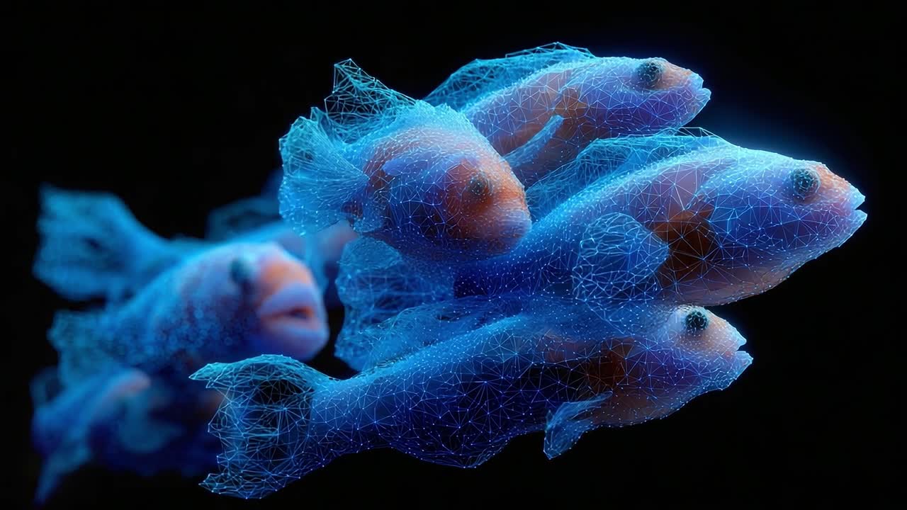 A mesmerizing visual representation of digital fish, where vibrant blue holographic forms swim gracefully, showcasing intricate designs and patterns in a captivating underwater scene