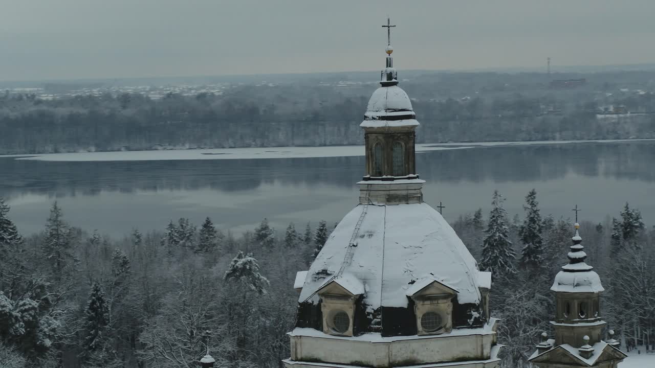Aerial view of Pažaislis Monastery Dome in the winter time. Lithuania