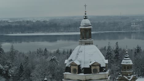 aerial view of pažaislis monastery dome in the winter time. lithuania