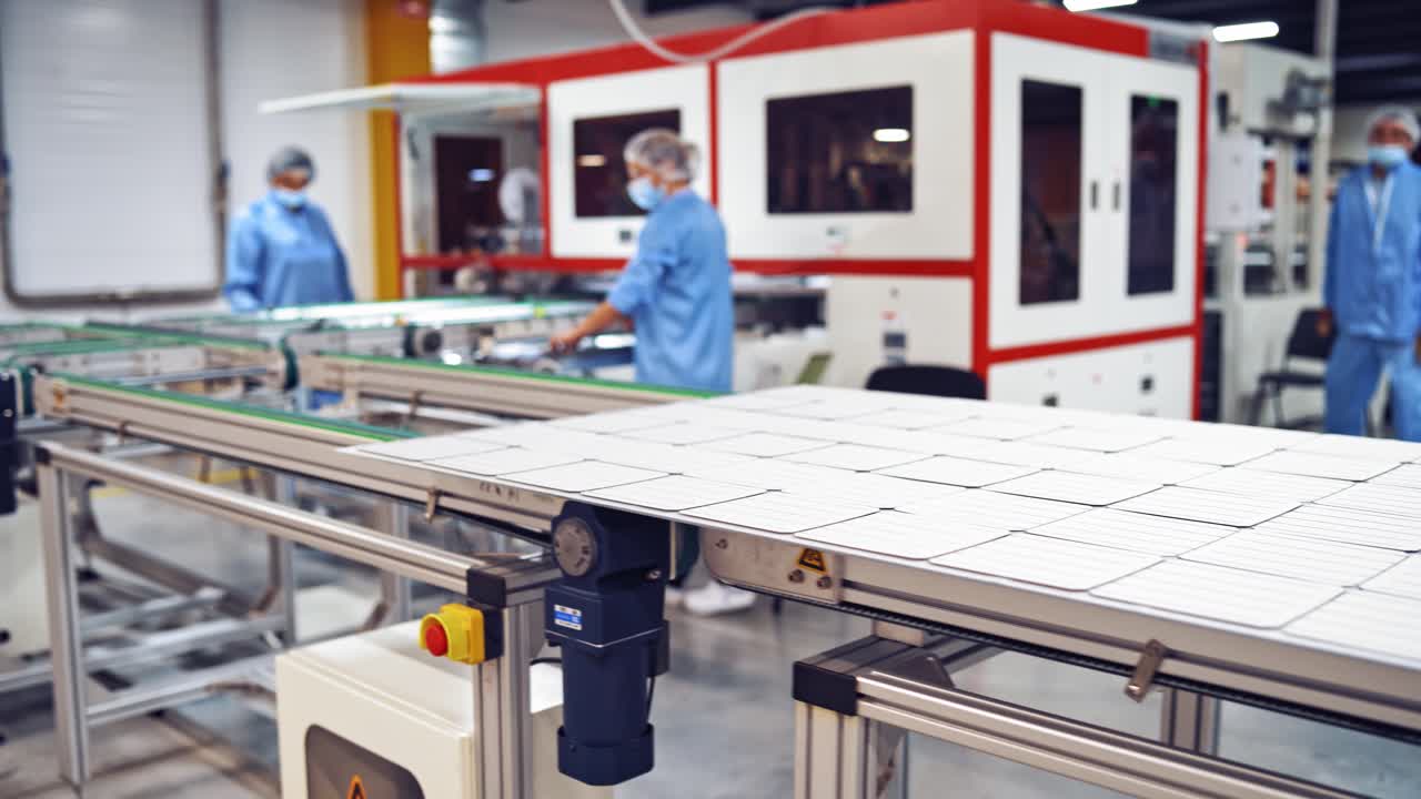 Automated equipment inside the factory. New panel moving on conveyor line on the modern factory background. Workers control the work of robotic equipment in the plant.