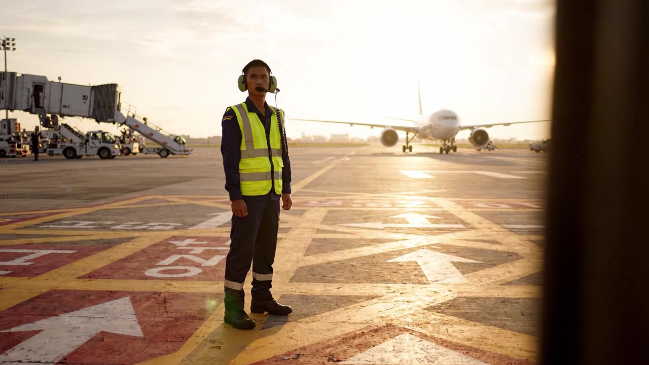 Et medlem af lufthavnens jordpersonale dirigerer flytrafik i gul sikkerhedsvest under solnedgang, hvilket sikrer problemfri drift og sikkerhed for indgående og udgående fly.
