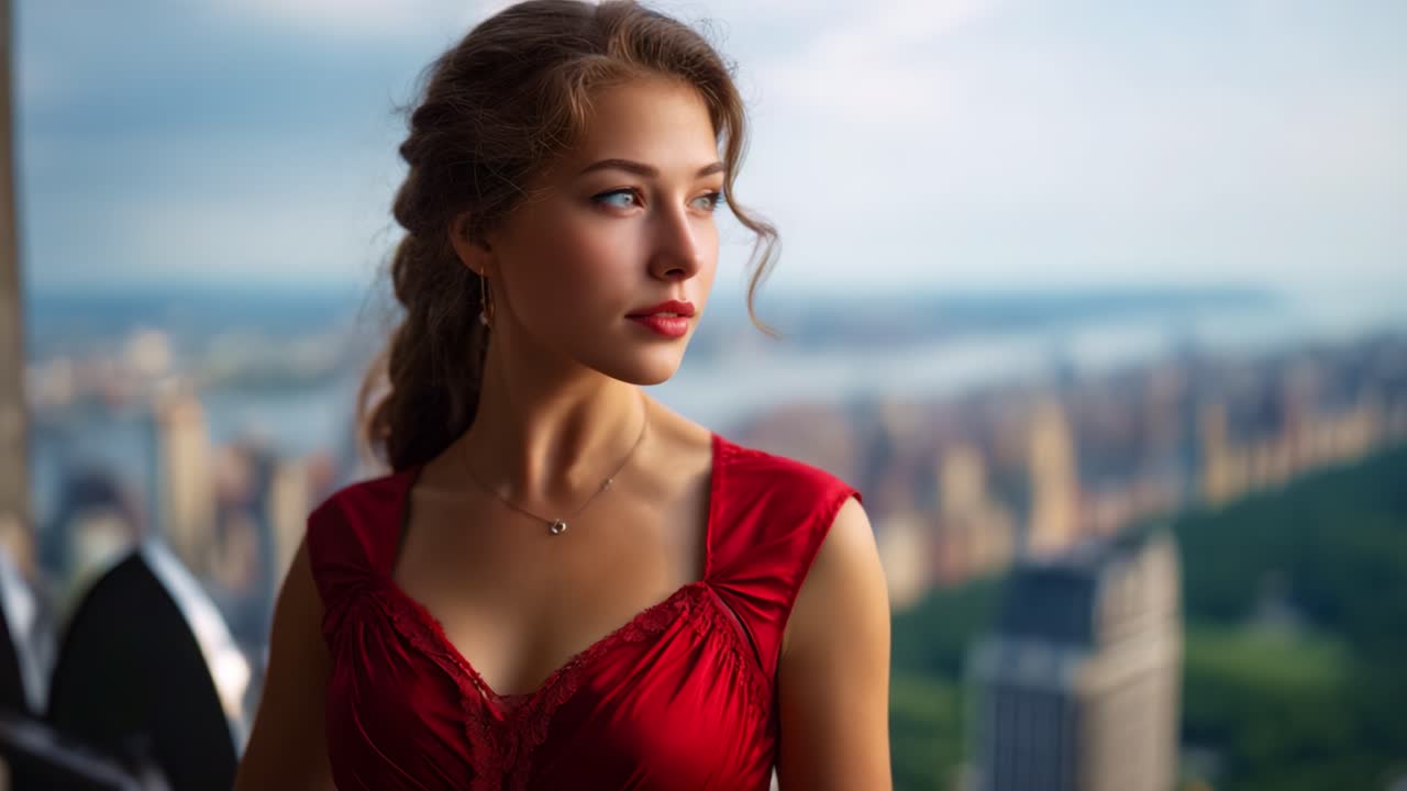 Besinnliche Momente: Ein fesselndes Porträt einer jungen Frau in Rot, die nachdenklich auf die urbane Skyline blickt, aufgenommen mit atemberaubenden Details und natürlichem Licht