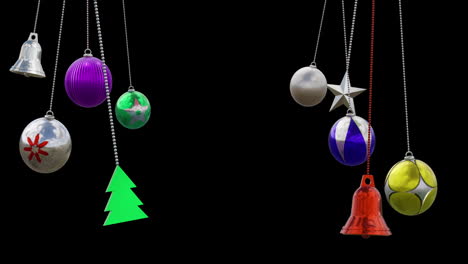 animation of christmas baubles decorations on black background