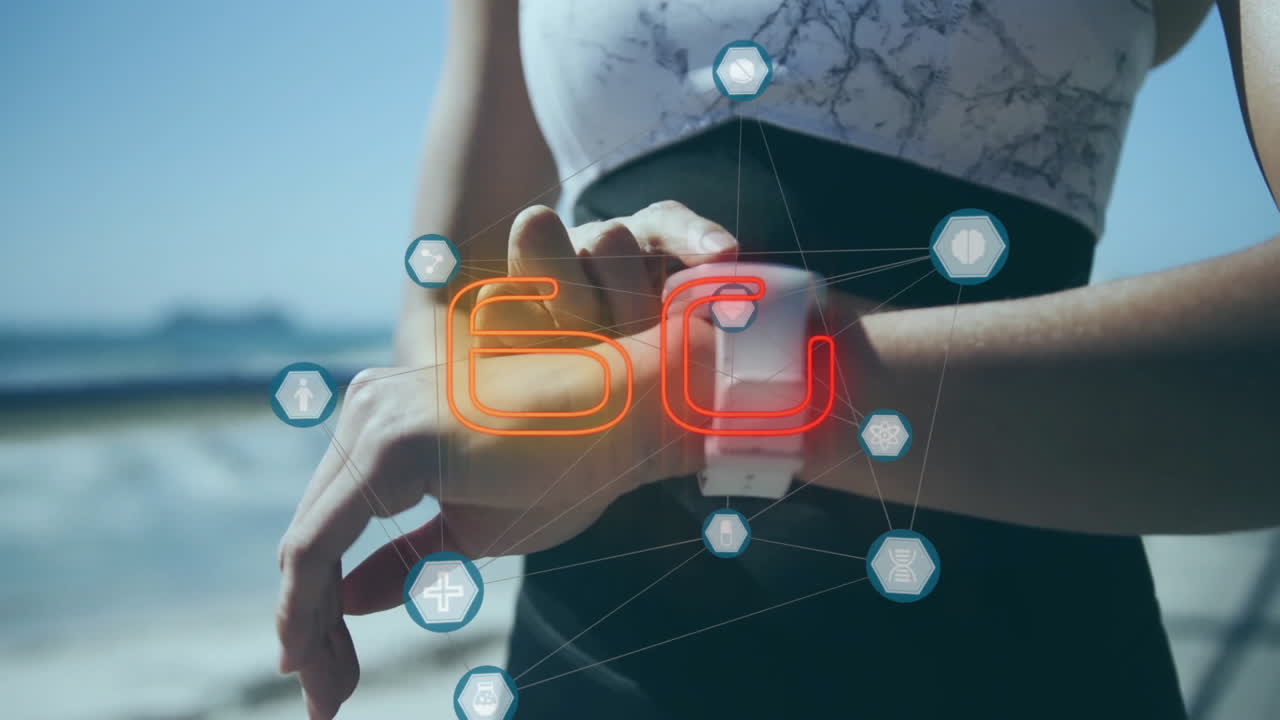 chequeo de reloj inteligente, mujer con iconos de salud y fitness animación sobre fondo de playa