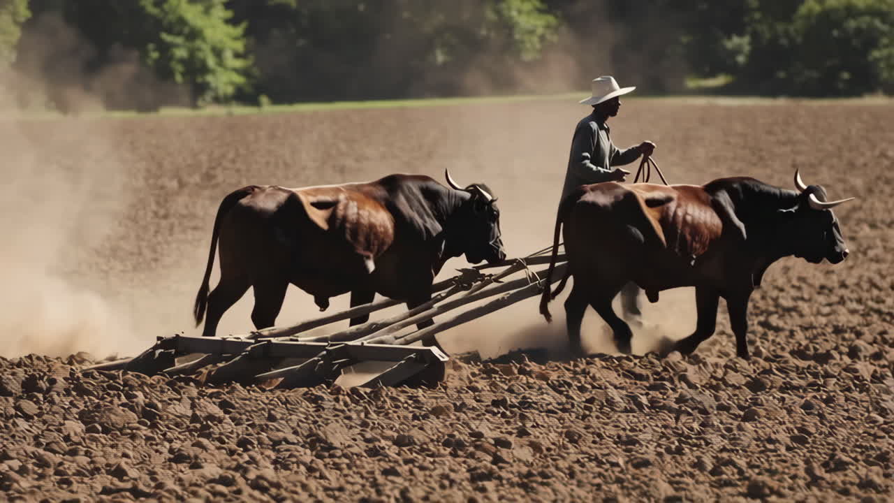 A farmer plowing a field with oxen