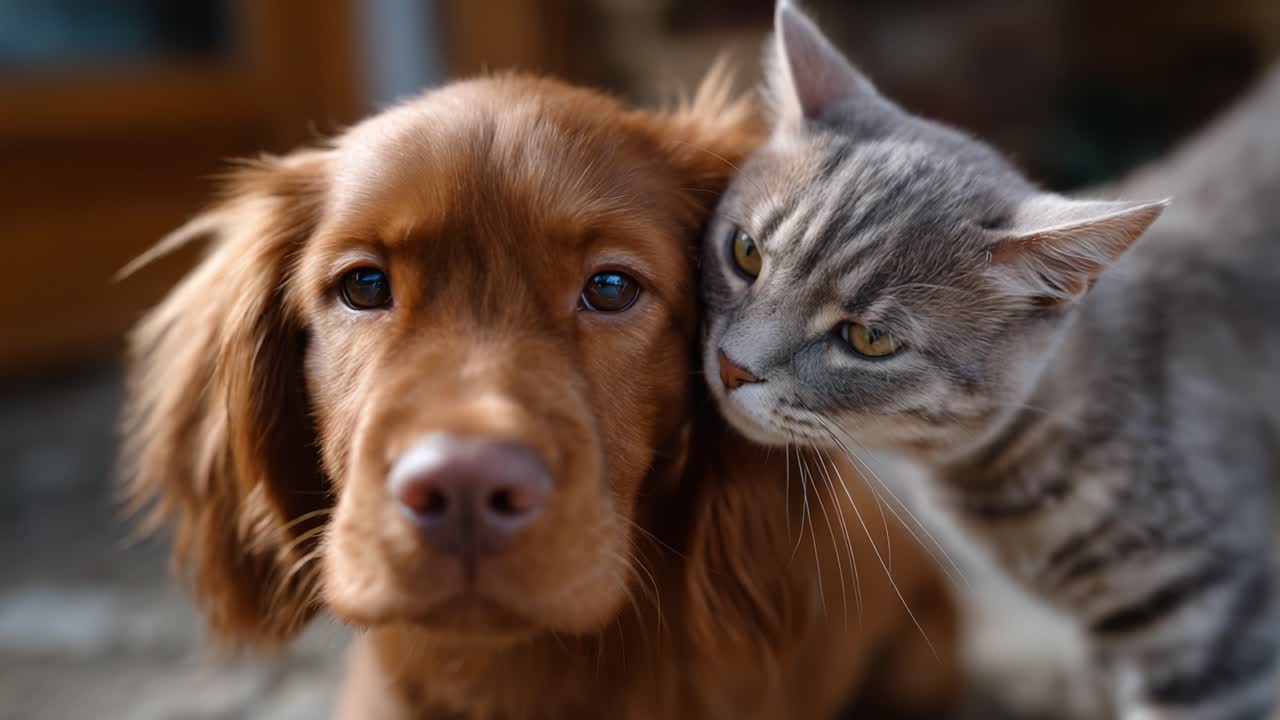 Ein herzerwärmender Moment: Ein Hund und eine Katze teilen eine enge Bindung und halten ihre Zuneigung in einem entzückenden Porträt von Freundschaft und Kameradschaft in einer gemütlichen Umgebung fest