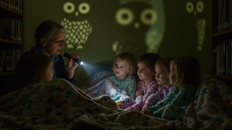 captivating storytime: a group of enchanted children gathered around a caring adult as shadows of owls dance on the wall during a cozy reading session
